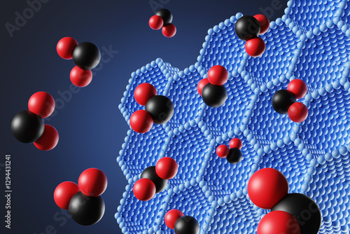 Fényképezés Black and red molecules having hydrogen-like bonding moving towards a blue hexagonal molecular structure