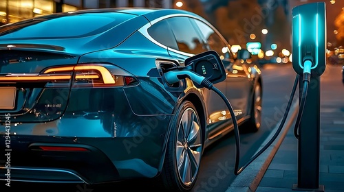 Close up view of an advanced electric car s charging port connected to a power cable showcasing the high tech battery system and renewable energy powering the future of sustainable transportation