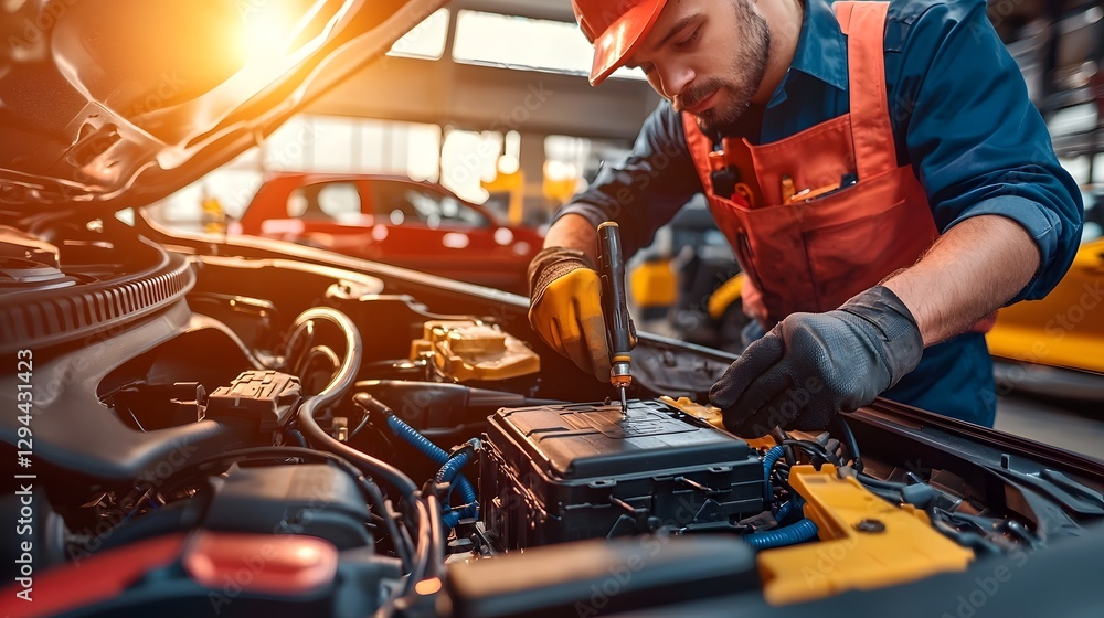 Close up view of an experienced auto repair specialist diligently working on a car s battery
