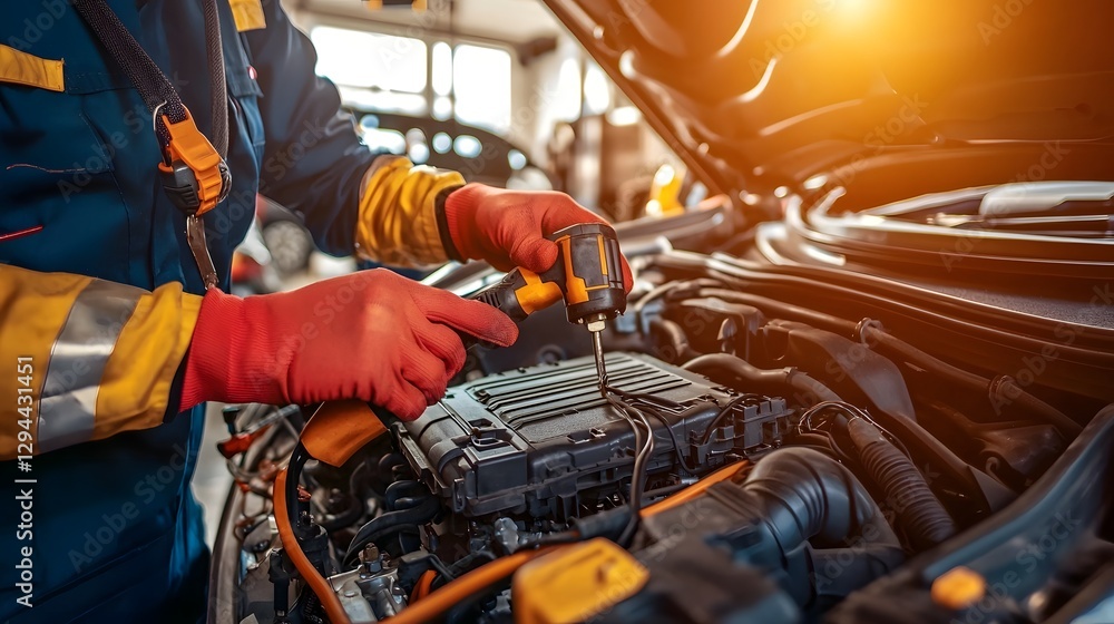 Close up view of an experienced auto repair specialist carefully working on a car s battery using precision tools and equipment to ensure smooth electrical performance and optimal vehicle maintenance