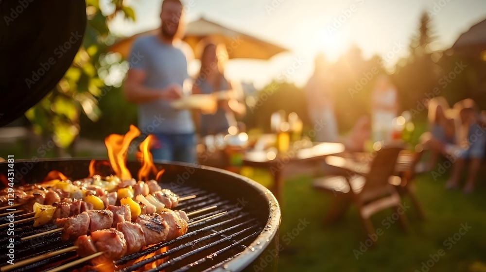 Close up view of grilled meat and skewers sizzling over vibrant flames creating a delicious BBQ scene at a happy outdoor gathering bathed in warm afternoon sunlight evoking weekend vibes