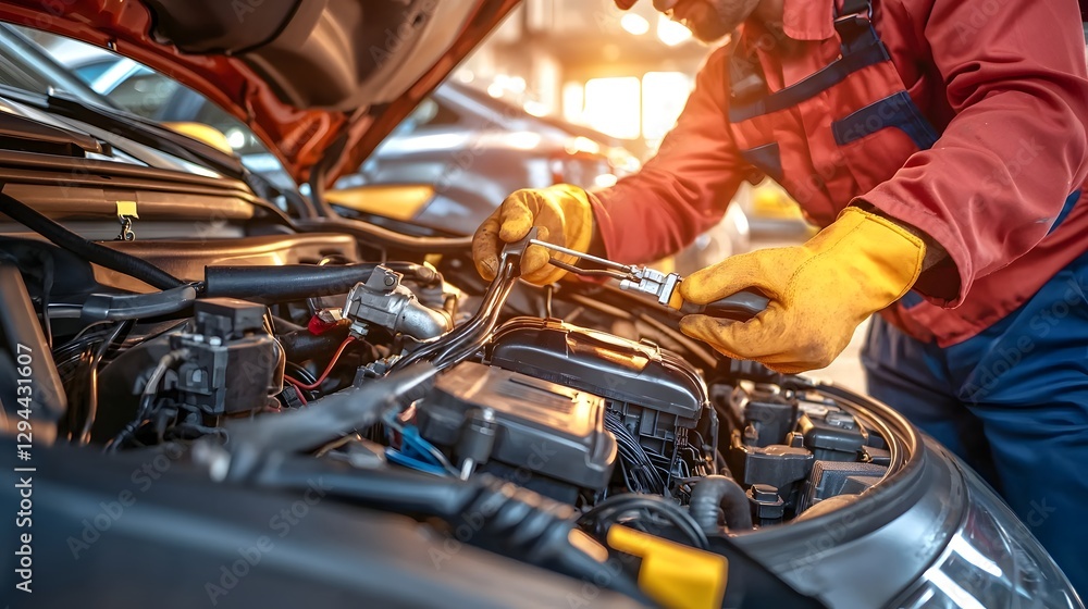 Close up view of skilled mechanic s hands adjusting car battery cables checking voltage and performing expert automotive electrical system diagnostics and maintenance