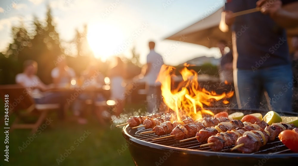 Close up view of sizzling grilled meat and skewers with vibrant flames surrounded by the warm glow of an afternoon outdoor gathering