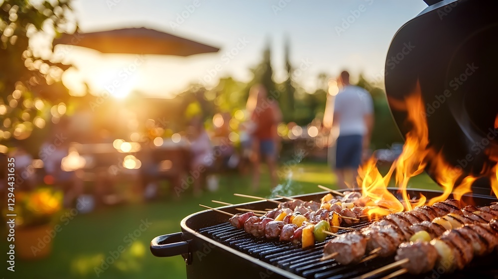 Close up view of sizzling grilled meat skewers with vibrant flames surrounded by a lively outdoor gathering bathed in warm afternoon sunlight a celebratory weekend BBQ scene full of cozy