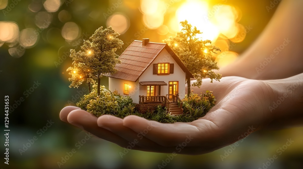 Closeup of a miniature model home figurine carefully balanced in a supportive human palm with dreamy natural lighting and blurred background metaphorically representing investment opportunities