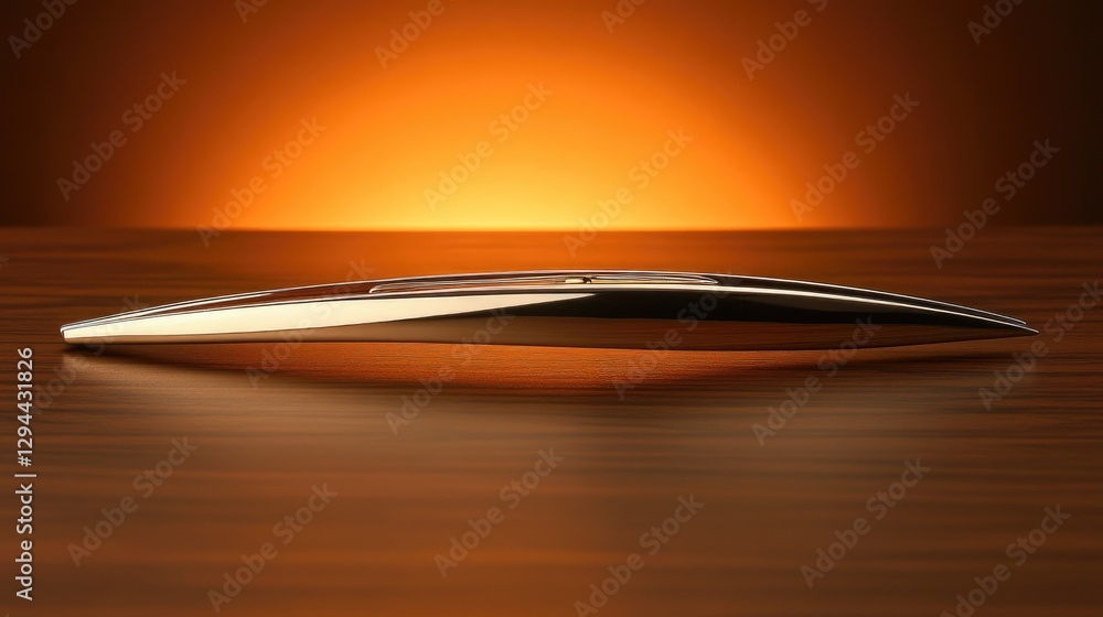 Obraz premium A luxury tie clip reflecting warm lighting as it sits on a wooden desk, deep orange backdrop