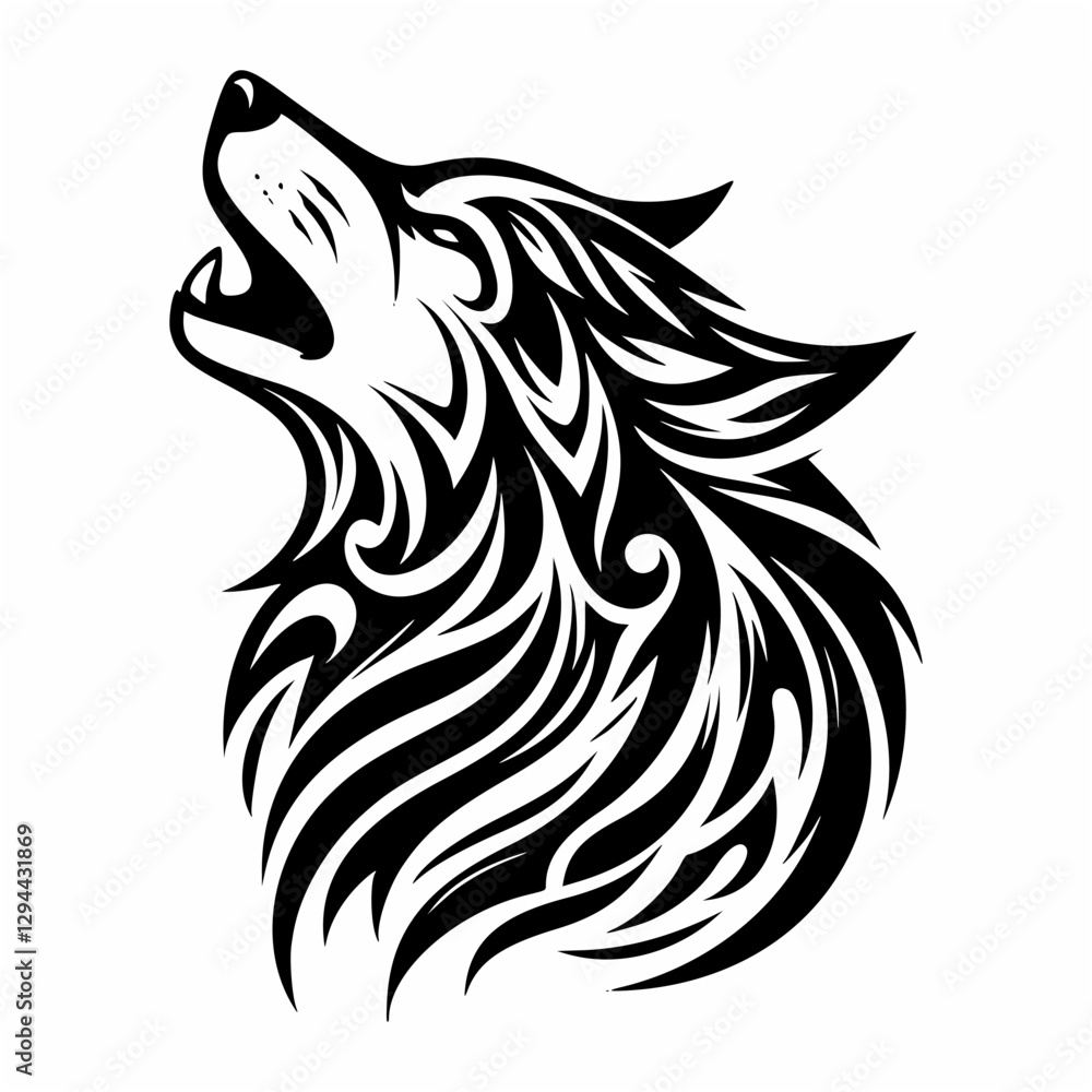 Fototapeta premium Intricate Wolf Tattoo in Tribal Style – Detailed Black and White Art