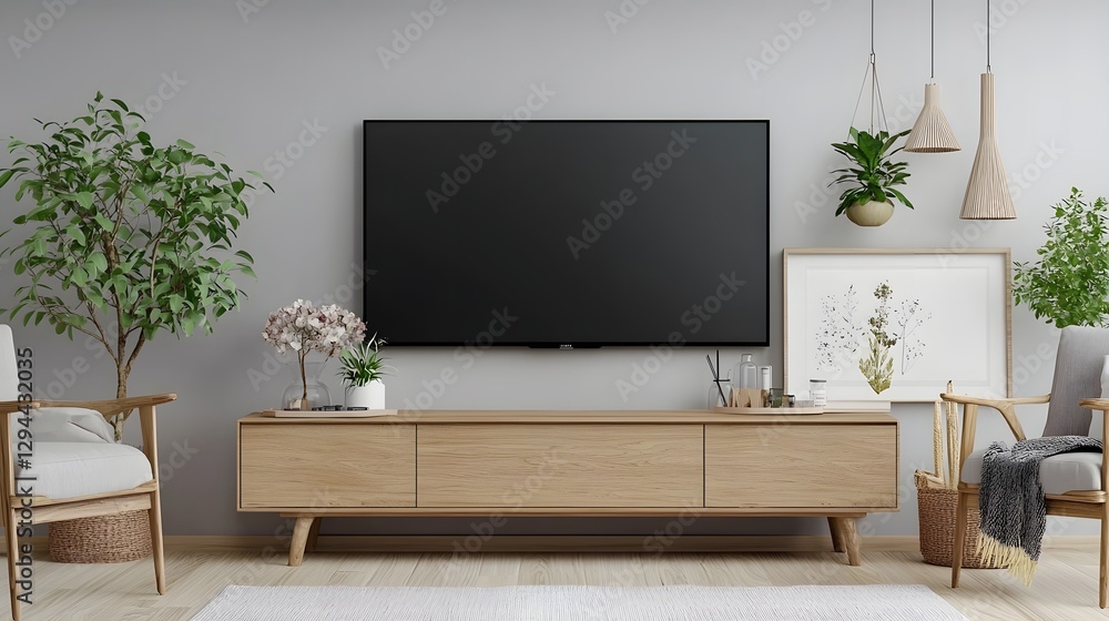 Cozy and Peaceful Minimalist Modern Living Space with Sleek Wooden TV Floral and Potted Plant Decor and Warm Lighting Creating a Tranquil Home Setting
