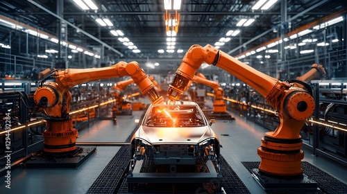 Cutting edge automated automotive assembly line featuring intelligent robotic arms and machinery meticulously assembling car components in a sleek high tech industrial factory setting