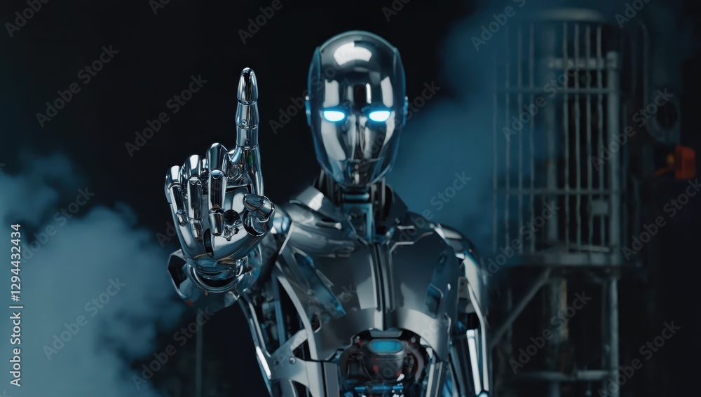 Fototapeta premium Futuristic Robot with Blue Eyes Raising Finger in Dramatic Setting