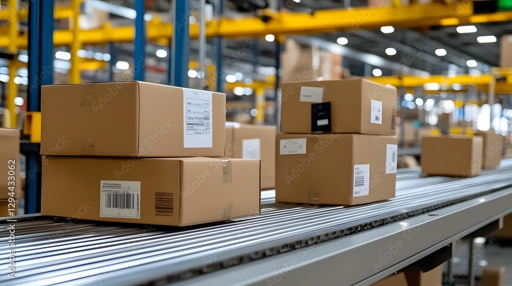 Dynamic shot of labeled packages moving along a conveyor belt in an automated warehouse distribution center showcasing efficient online retail shipping and order fulfillment processes Dynamic shot of labeled packages moving along a conveyor belt in an automated warehouse distribution center showcasing efficient online retail shipping and order fulfillment processes