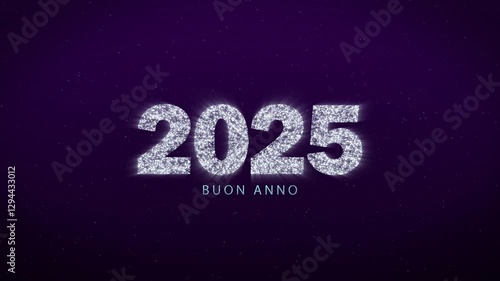 Buon anno 2025. Happy New Year 2025 Italian greeting. Sparkling animated letters and numbers on dark blue background. Horizontal silver fireworks.