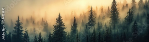 Aerial view of a lush green forest under a foggy sky.