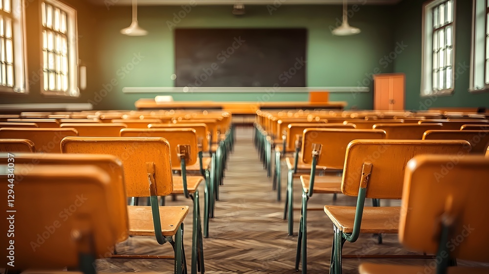 Empty high school lecture room with classic wooden furniture chalkboard in the background warm lighting peaceful learning environment back to school theme Empty high school lecture room with classic wooden furniture chalkboard in the background warm lighting peaceful learning environment back to school theme