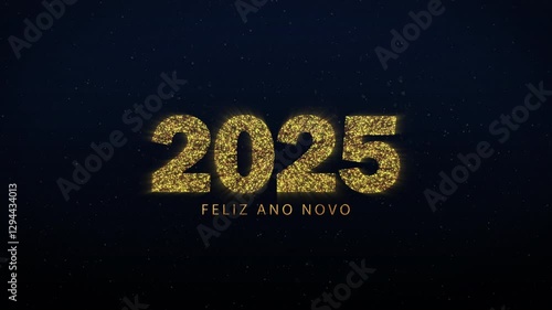Feliz ano novo 2025. Happy New Year 2025 Portuguese greeting. Sparkling animated letters and numbers on dark blue background. Horizontal golden fireworks.