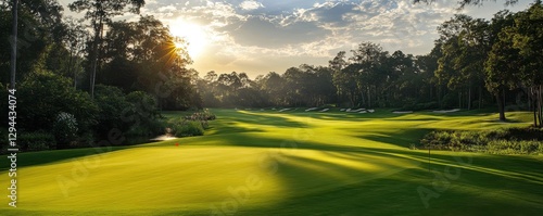 Aerial view of a lush green golf course featuring a serene pond and tall trees.