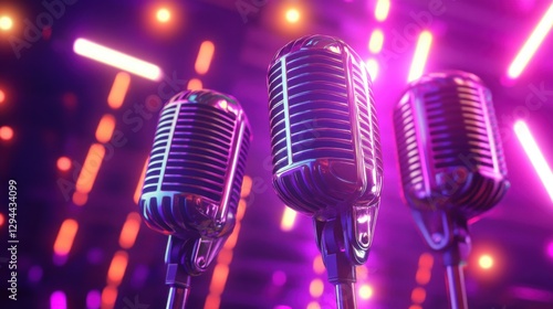 Vintage Microphones with Colorful Neon Lights in a Music Venue