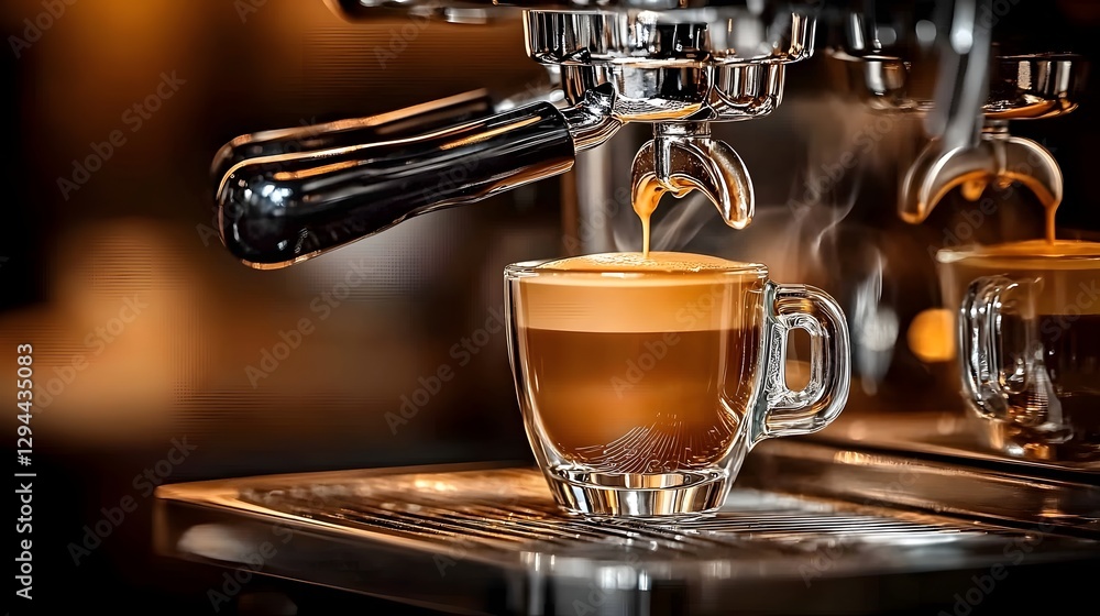 Freshly brewed espresso being dispensed from a professional coffee machine creating a rich smooth crema on top of the cup and filling the air with an inviting aromatic cafe atmosphere Freshly brewed espresso being dispensed from a professional coffee machine creating a rich smooth crema on top of the cup and filling the air with an inviting aromatic cafe atmosphere