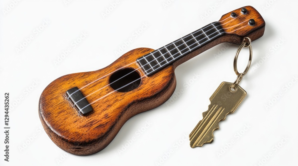 Fototapeta premium A novelty keychain shaped like a mini guitar, placed on a seamless white background