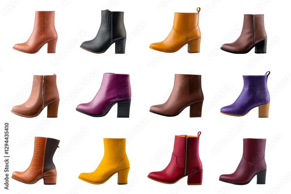 Stylish women’s heeled boots collection fashion store png with transparent background white display trendy footwear Stylish women’s heeled boots collection fashion store png with transparent background white display trendy footwear
