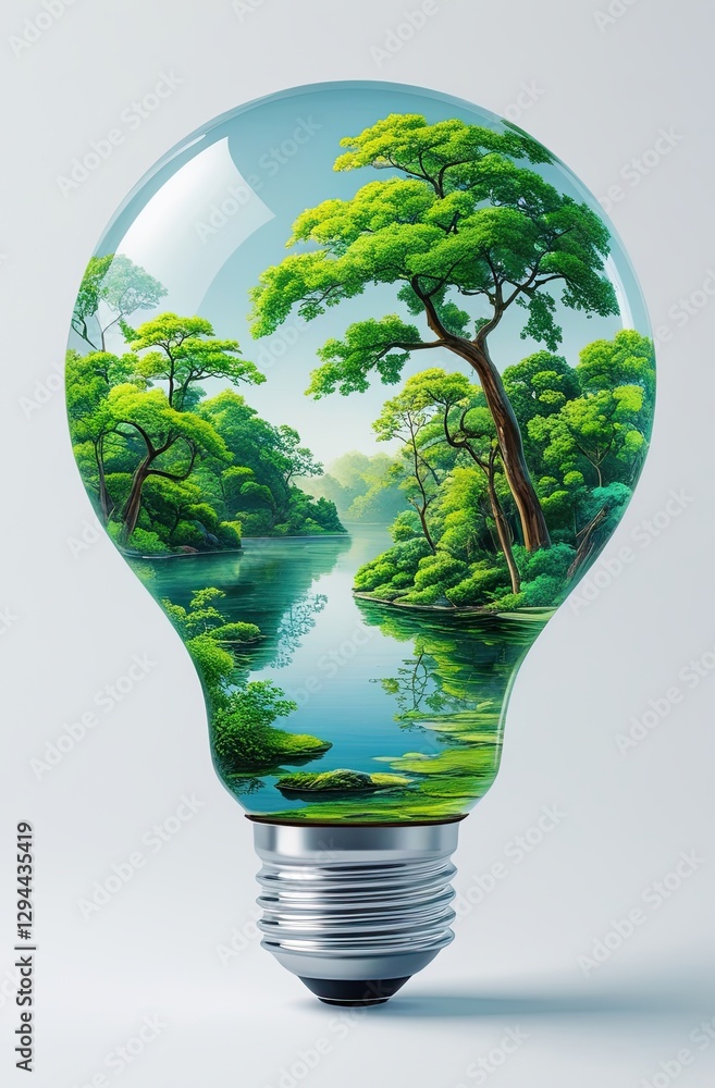 Ilustración digital de un foco o bombillo con una selva en su interior simbolizando las energías limpias y renovables. Ilustración digital de un foco o bombillo con una selva en su interior simbolizando las energías limpias y renovables.