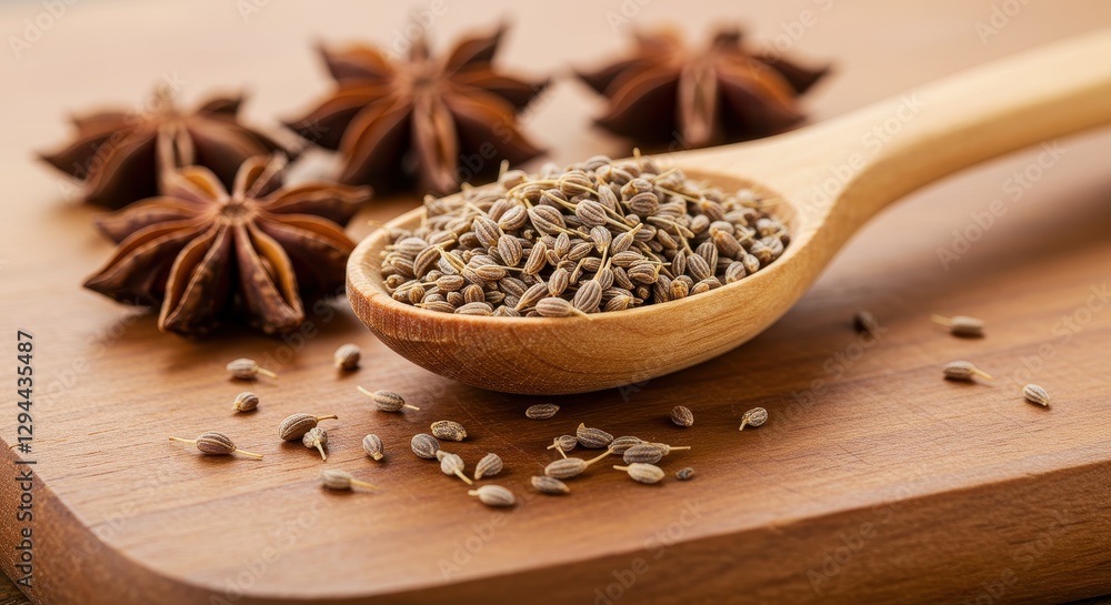 A rustic kitchen scene of a wooden spoon filled with fragrant anise seeds resting on a finely textured wooden cutting board A rustic kitchen scene of a wooden spoon filled with fragrant anise seeds resting on a finely textured wooden cutting board