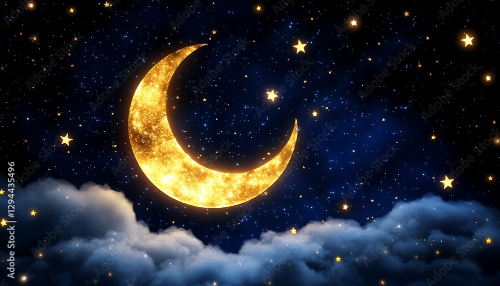 Golden crescent moon, stars, clouds, night sky, dreamy Golden crescent moon, stars, clouds, night sky, dreamy
