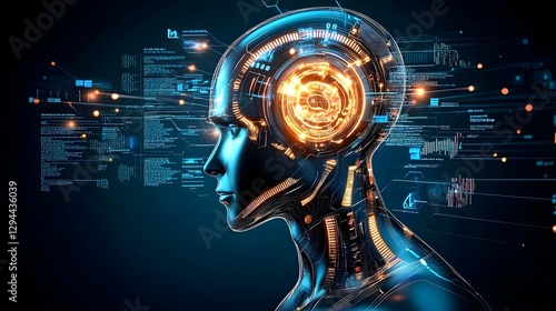 Obraz na płótnie Futuristic cybernetic humanoid with glowing digital brain processing natural language showcasing advanced chatbot technology and sci fi inspired interaction w salonie