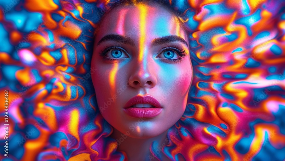 Fototapeta premium Portrait of a beautiful woman surrounded by swirls of vibrant, psychedelic colors.