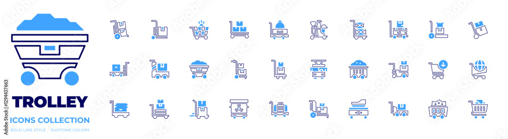 Trolley icon collection. Bold line style. Duotone colors. delivery cart, trolley, delivery, maternity, mining, shopping cart, coal, baggage, garbage Trolley icon collection. Bold line style. Duotone colors. delivery cart, trolley, delivery, maternity, mining, shopping cart, coal, baggage, garbage