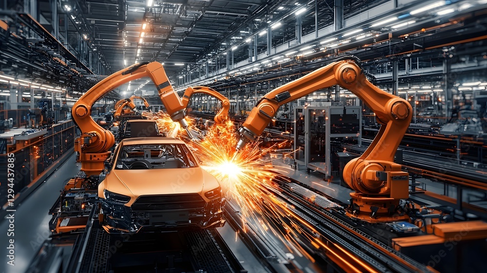 Futuristic robotic arms working in synchronization on an automotive assembly line creating sparks and showcasing high tech precision manufacturing and modern industrial automation processes Futuristic robotic arms working in synchronization on an automotive assembly line creating sparks and showcasing high tech precision manufacturing and modern industrial automation processes
