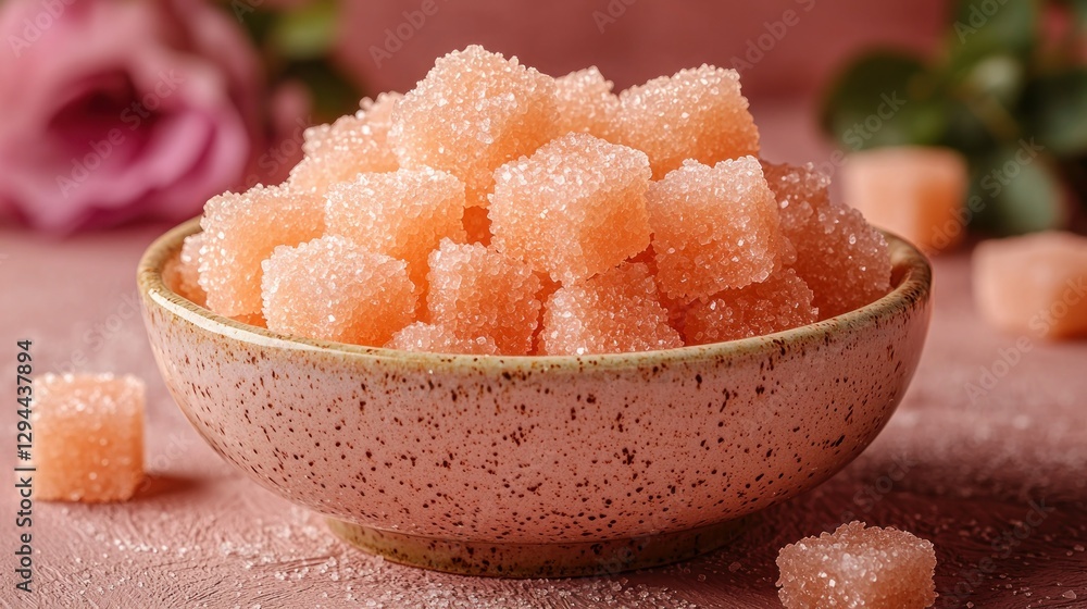 Pink Sugar Cubes in Bowl, Floral Background, Dessert Still Life Pink Sugar Cubes in Bowl, Floral Background, Dessert Still Life