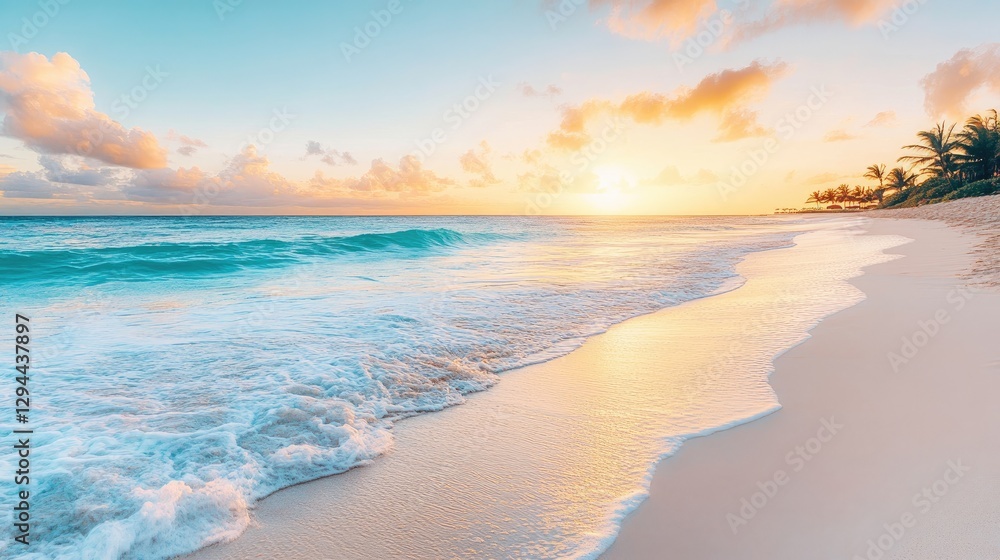 A serene white sand beach at sunset, golden light reflecting on the gentle waves A serene white sand beach at sunset, golden light reflecting on the gentle waves
