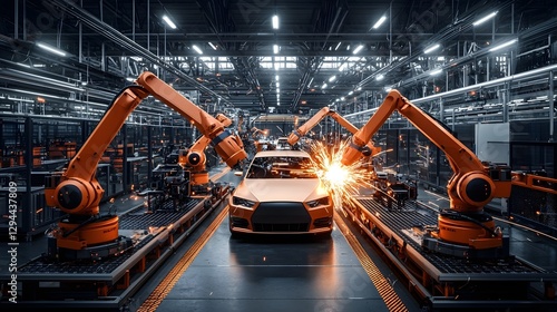 Futuristic robotic arms working in sync on an automotive assembly line sparks flying high tech precision manufacturing