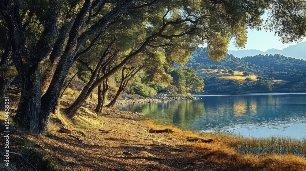 Fototapeta premium Nacimiento Lake: A Serene Haven Nestled Among Woods and Mountains