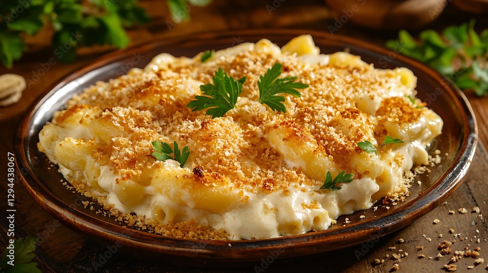 A Plate of Baked Macaroni and Cheese with Crispy Bread Crumbs A Plate of Baked Macaroni and Cheese with Crispy Bread Crumbs