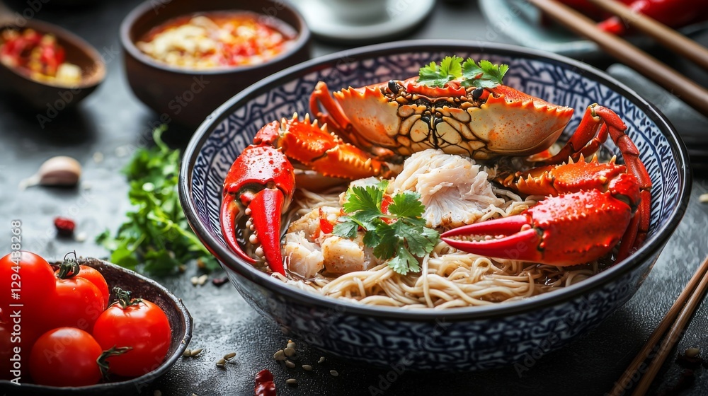 Fresh and spicy Lui Suan noodles with crab meat, cherry tomatoes, and fresh coriander. --chaos 20 --ar 16:9 --quality 2 --v 6.1 Job ID: bd4f83e4-4771-44c8-9dbc-ab2f510ebb77 Fresh and spicy Lui Suan noodles with crab meat, cherry tomatoes, and fresh coriander. --chaos 20 --ar 16:9 --quality 2 --v 6.1 Job ID: bd4f83e4-4771-44c8-9dbc-ab2f510ebb77