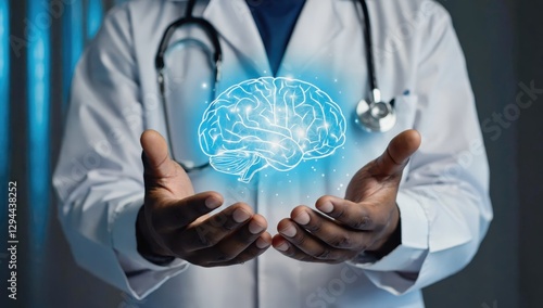 Medical Professional Holding Glowing Brain Visualization Concept