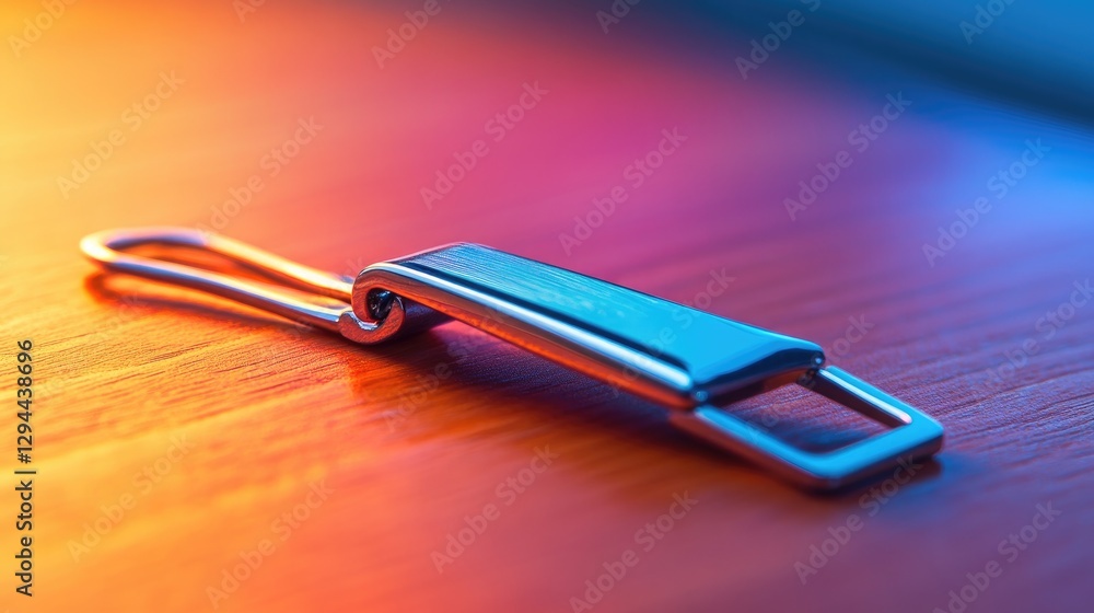 A silver tie clip lying on a textured wooden desk with a dynamic orange gradient background A silver tie clip lying on a textured wooden desk with a dynamic orange gradient background