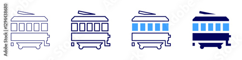 Trolley system icon in 4 different styles. Thin Line, Line, Bold Line, Duotone. Duotone style. Editable stroke
