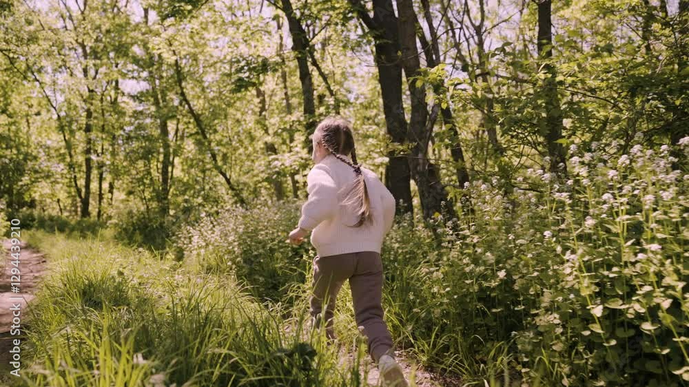 A young girl is walking through a forest with her hair in pigtails. The scene is peaceful and serene, with the girl enjoying her time in nature A young girl is walking through a forest with her hair in pigtails. The scene is peaceful and serene, with the girl enjoying her time in nature
