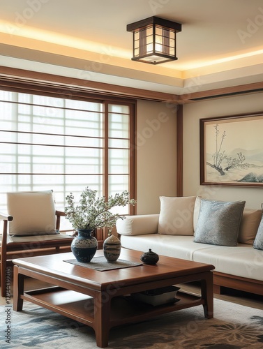 Japanese style living room with wooden furniture and lamp