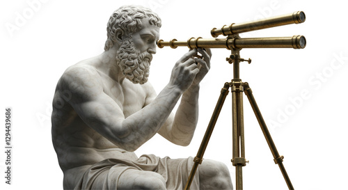 Isolated Statue of Ancient Astronomer Looking Through Telescope
