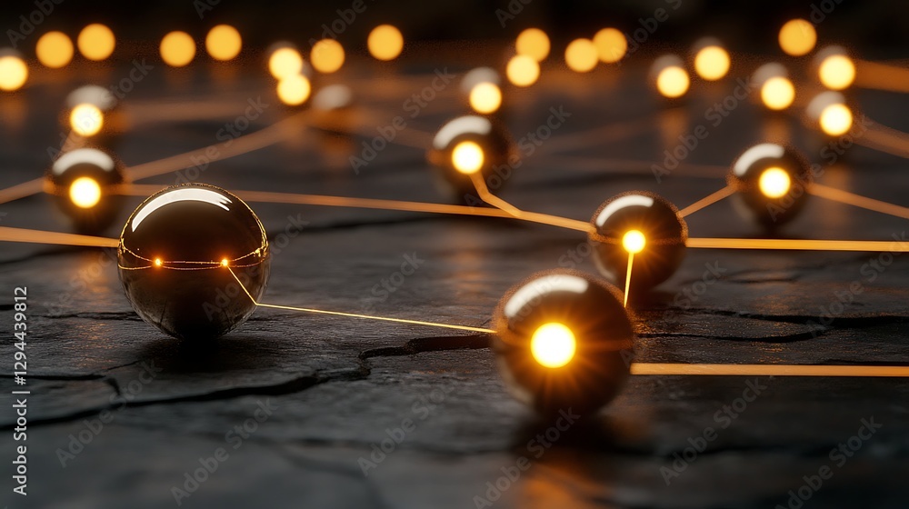 Golden spheres network, dark background Golden spheres network, dark background