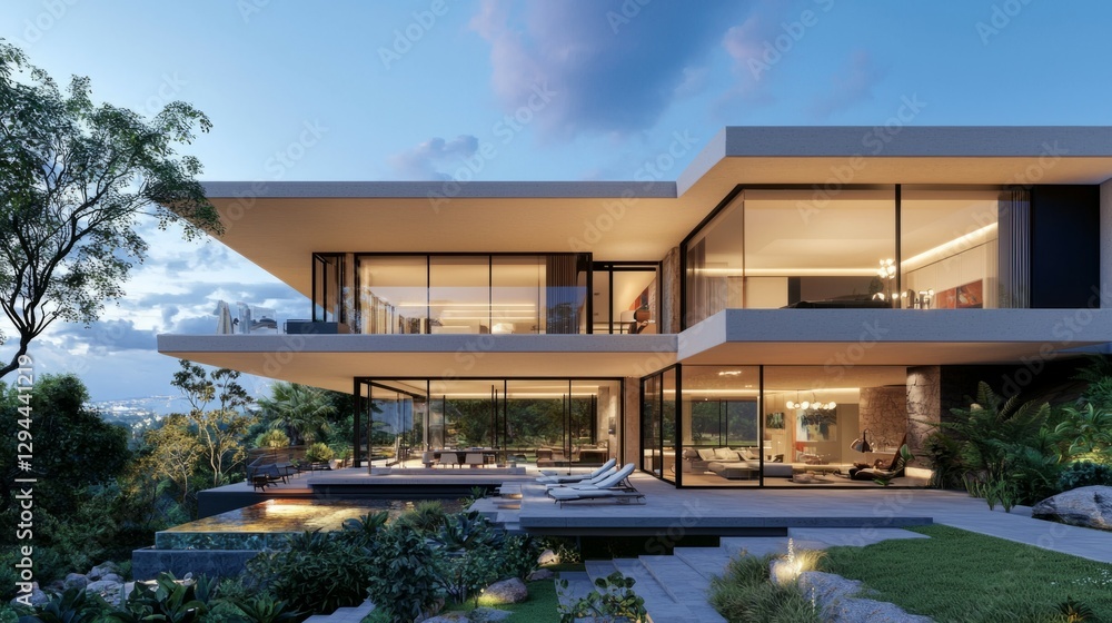 Fototapeta premium Modern Glass House Surrounded by Lush Nature at Twilight Time