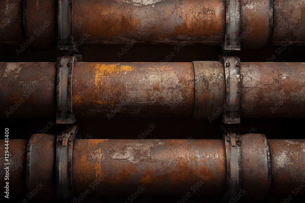 Old, rusty industrial pipes are arranged horizontally, showcasing layers of peeling paint and corrosion in a dark, moody setting. Generative AI Old, rusty industrial pipes are arranged horizontally, showcasing layers of peeling paint and corrosion in a dark, moody setting. Generative AI