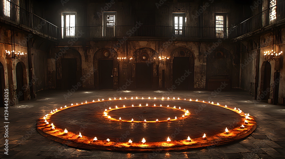 Obraz premium Ring of fire surrounded by dimly lit, weathered walls in an eerie, abandoned interior space at night.