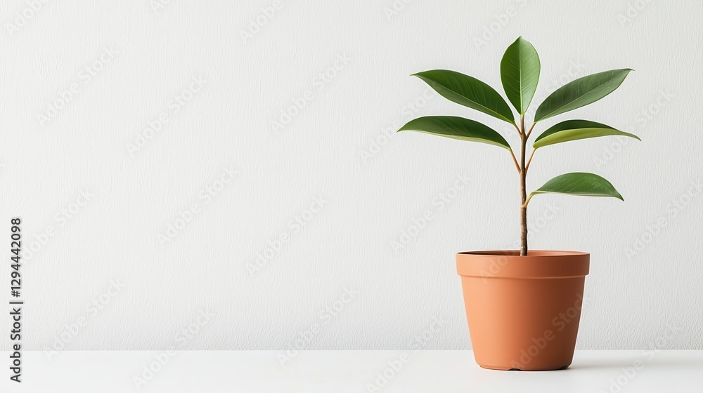 Fototapeta premium A small green plant in a terracotta pot against a minimalistic white background, adding a touch of nature to the decor.