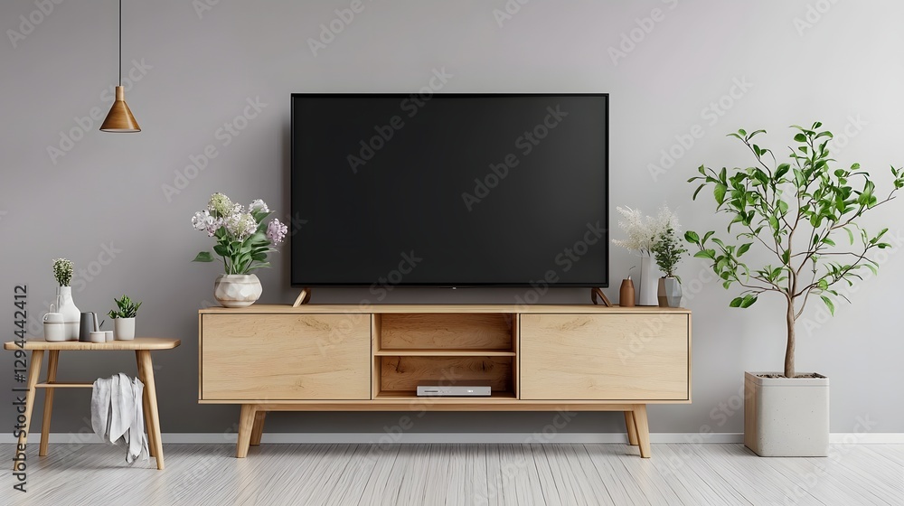 Minimal and Modern Living Space with Sleek Wooden TV Decor Featuring Fresh Flowers and Potted Plants Warm Lighting and Peaceful Home Setting