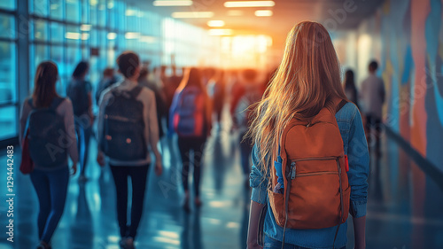 Teenage students in a high school hallway, out of focus, with school lockers and classroom doors visible